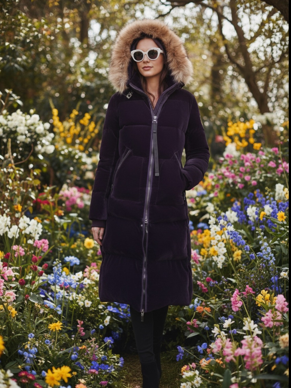 !Parajumpers Purple Velvet Fur Trimmed Hood Long Bear Down Puffer